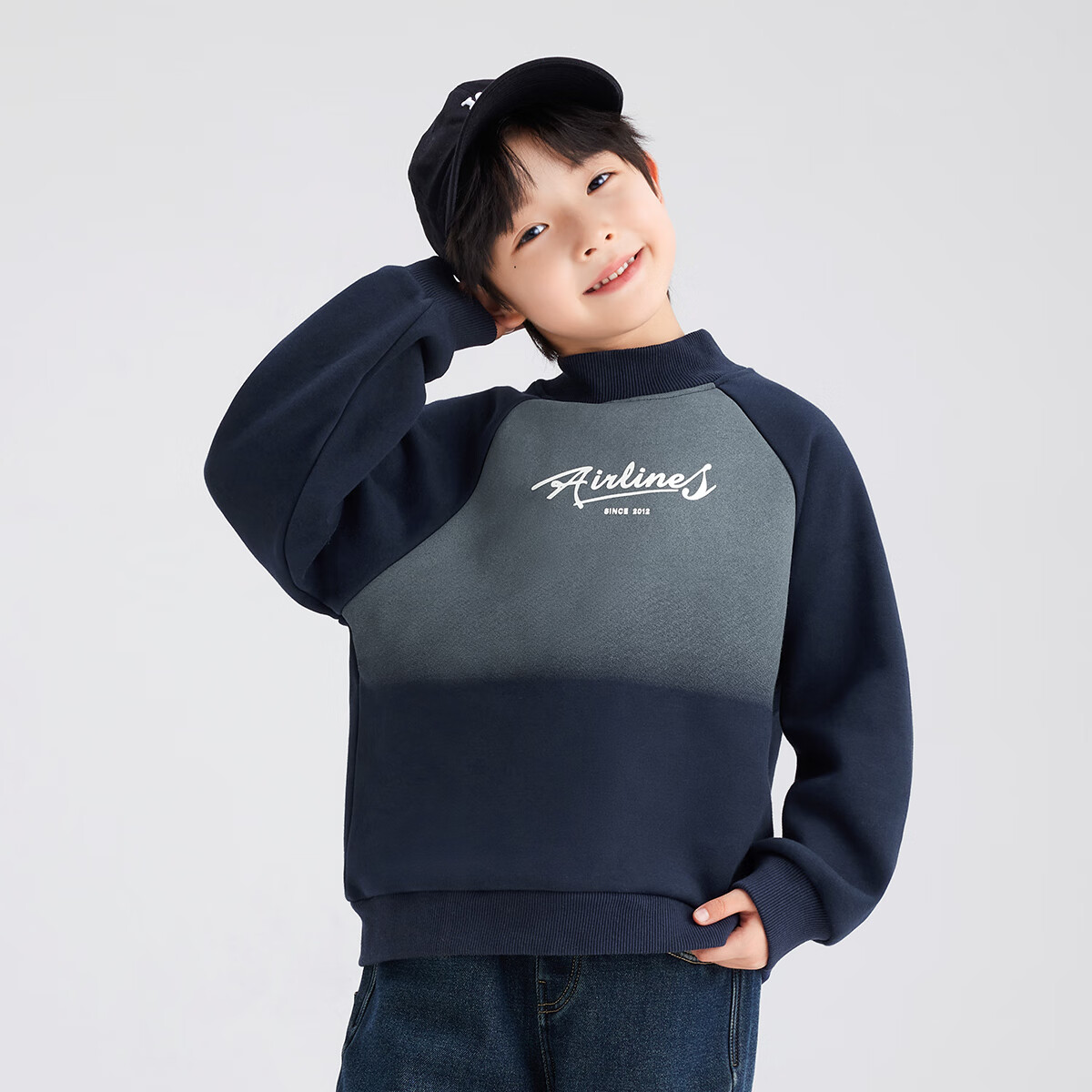 Zuo Xi Boys' Fleece-Lined Sweatshirt 2025 New Winter Thickened Top Stylish Boys' Winter Wear Navy Blue 150
