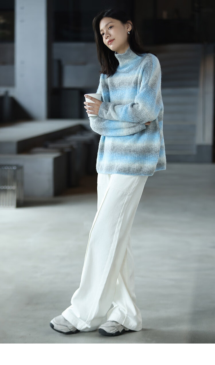 Dme [Sea Salt Layered Knit Sweater] Winter Style Artistic Healing Gray-Blue Gradient Soft Sweater for Women, Blue-Gray, S 12