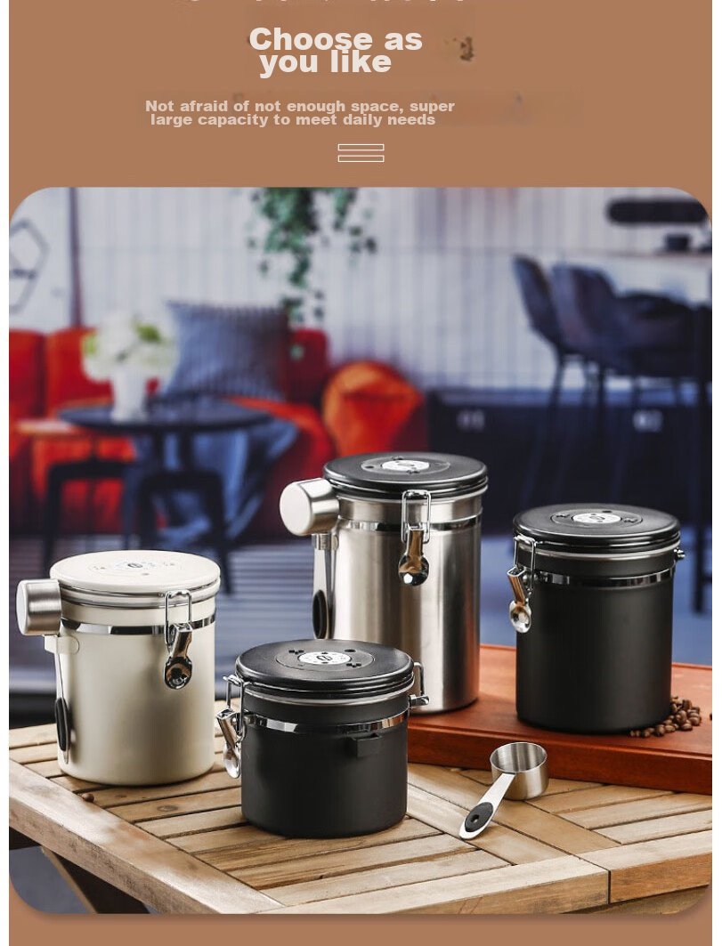 Beiyin Coffee Bean Storage Canister with Spoon, Sealed 304 Stainless Steel Container, Ventilated, Date Setting Option, Black, 1.5L 8