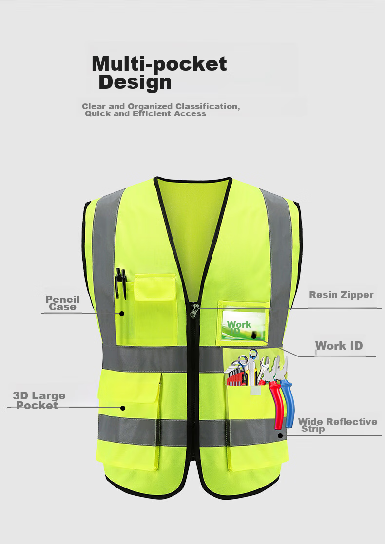 MAINUOQI Reflective Vest, High-Visibility Multi-Pocket Construction Engineering Reflective Clothing, Sanitation Worker Vest, Safety Traffic Warning Uniform [Jingpei Logistics] Multi-Pocket Fluorescent Yellow 8