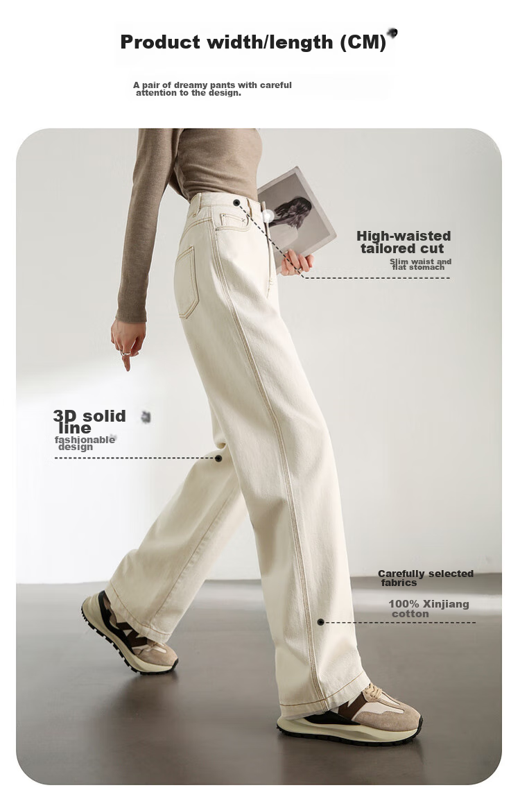 Sentubila Pure Cotton White Straight-Leg Jeans for Women, Spring And Autumn Women's Wear, High-Waisted Slimming Pants for Petite Women, Casual Retro Versatile Trousers 4