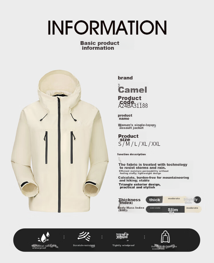 CAMEL Outdoor Waterproof Jacket, Single-Layer Coat, 31187 Flowing White, Men's XXXL 11