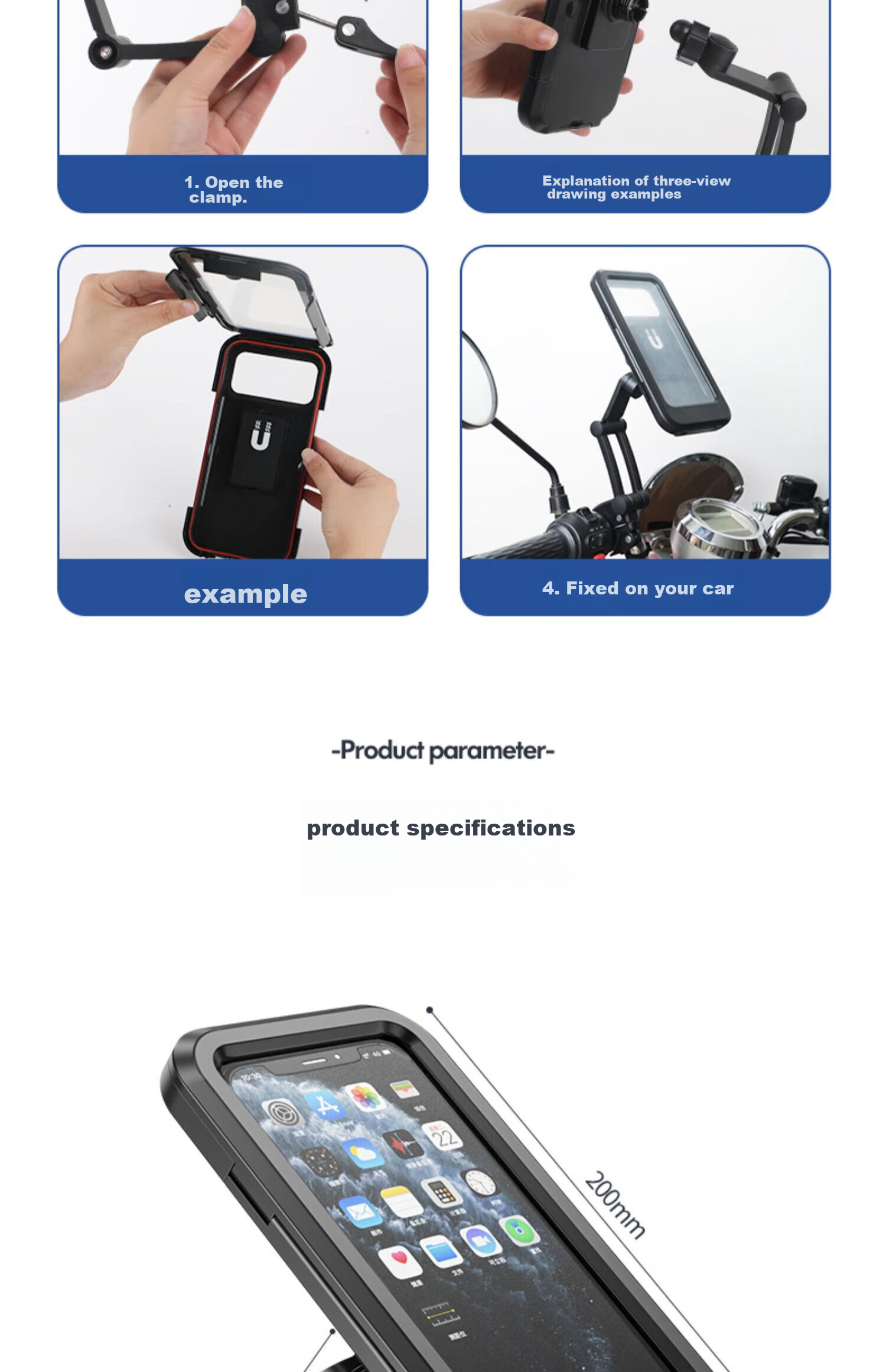 Beiteng Motorcycle Phone Holder, Electric Bike Motorcycle Bicycle Sealed Sensitive 360° Adjustable Handlebar Waterproof 36