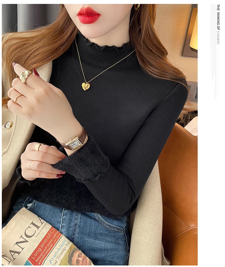 XUEXIMAN Women's Base Layer Sweater, Autumn And Winter Ruffle Trim Knit Top, Versatile High-Elasticity Slimming Pullover for Outer Wear 23