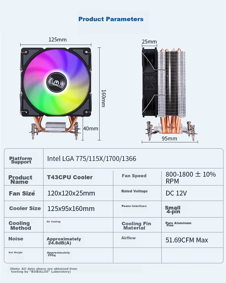 BUBALUS T43 4 Heat Pipe CPU Air Cooler (Supports Multi-Platform/i Series/PWM Temperature Control/12CM Fan/Thermal Paste/Clamp-On Design/Supports 1700) 10