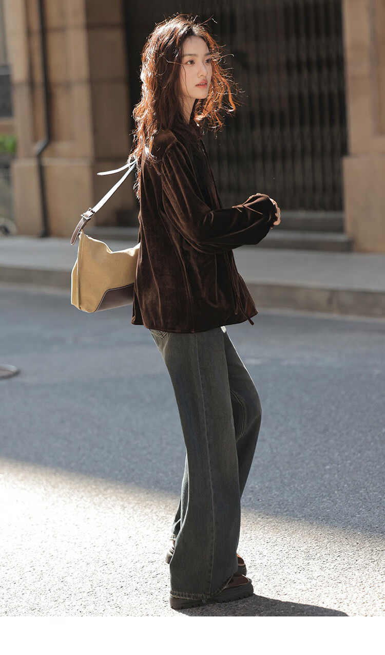 Dme [Retro Elegant Brown Shirt], Spring And Autumn Style, Silk Ribbon Collar, Velvet Blouse for Wome 19