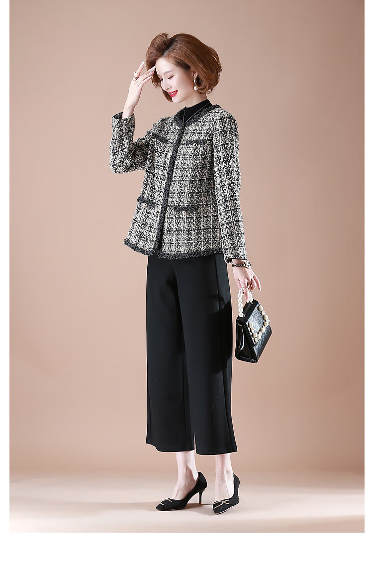 QianLian Mom's Spring Short Jacket, Middle-Aged Women's Chanel-Style Long-Sleeve Top, Middle-Aged And Elderly Spring And Autumn Casual Low-Heel Blazer 15
