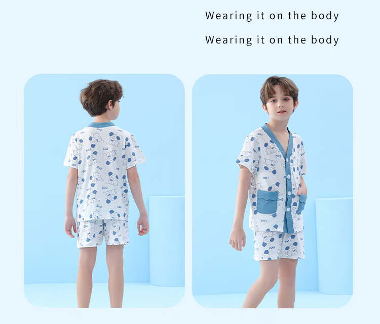 LangSha Children's Pajamas, Boys' Summer Thin V-Neck Short-Sleeve Set, Pure Cotton, Middle School Students' Loungewear Set, Size 120 14