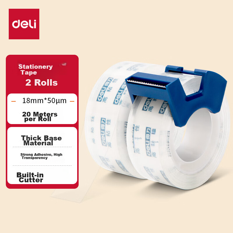 Deli Transparent Tape Dispenser Set, 18mm*20m Thick High-Adhesive Small Tape, Back-To Essential School Supplies, Error Correction Student Stationery, 2 Rolls, 30039