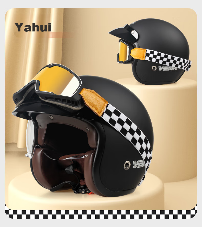 YEMA Helmet, 3C Certified New National Standard, Retro Cruise Motorcycle 3/4 Helmet, All-Season Universal Electric Motorcycle Safety Helmet, Cool Gray + Colorful Goggles 17