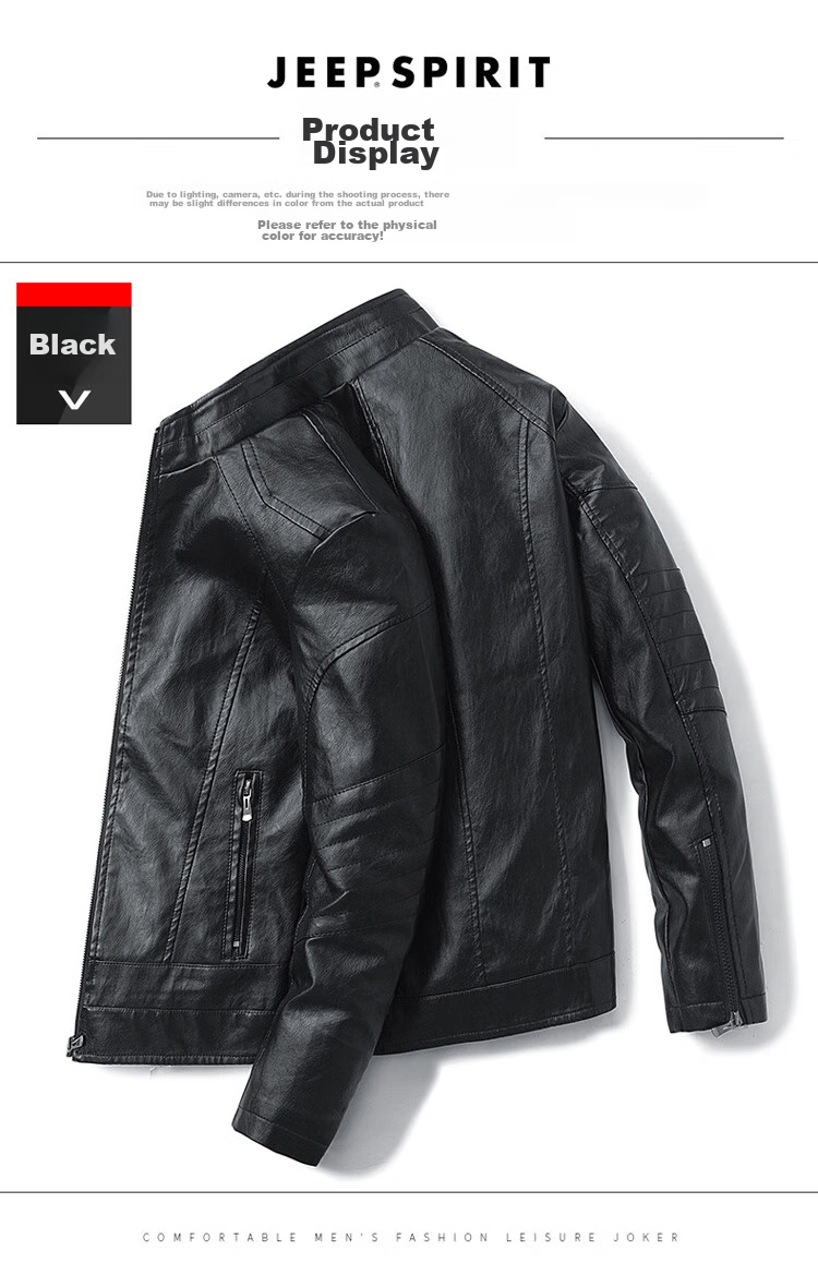JEEP SPIRIT Men's Leather Jacket, Spring And Autumn Stand-Collar Business Motorcycle Outerwear, Black, Size L 12