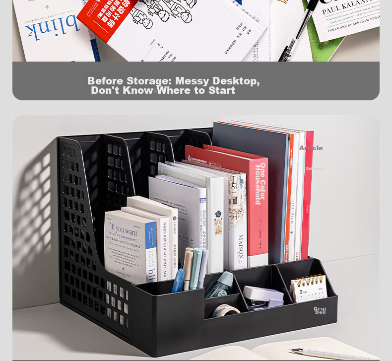 Deli File Organizer, Morandi Desktop Storage Box, Office Report Bookshelf, Student Book Stand, File Basket, Storage Rack with Built-In Pen Holder, White 4