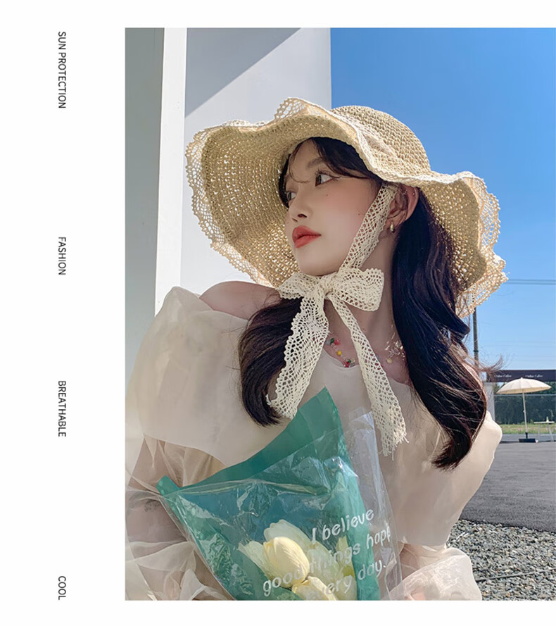 FitonTon Women's Summer Sun Hat Beach Outdoor Straw Hat Korean Style Travel Sun Hat with Tie Hollow Lace Edge Straw Braided Hat 17