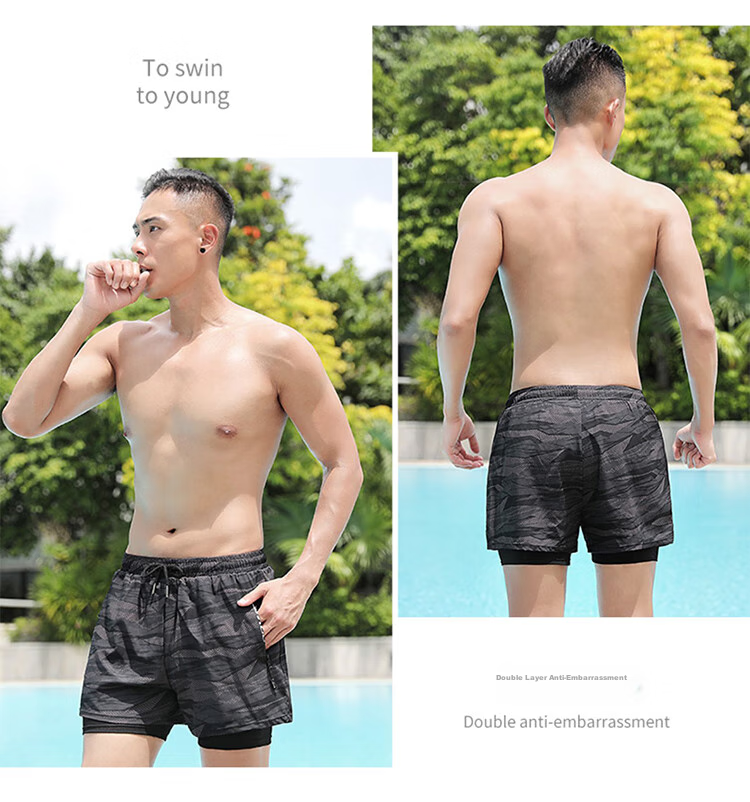 F.DYRAA Men's Swim Trunks, Anti-Embarrassment Double-Layer Quick-Dry Loose-Fit Large Size Hot Spring Swimming Trunks Three-Piece Set 26070 Black 2XL 18