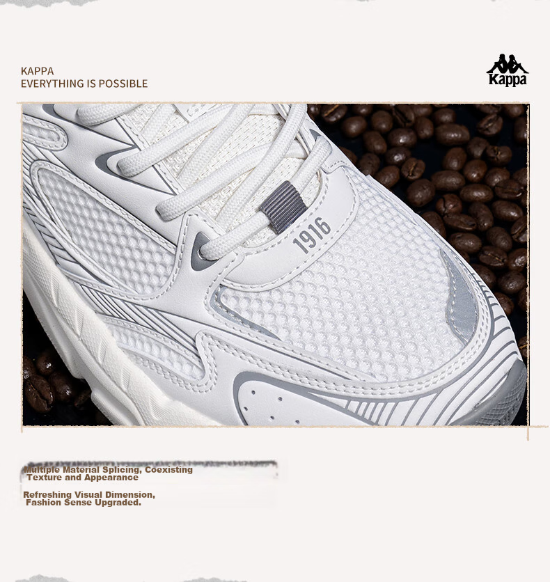 Kappa Hydrogen Track Dad Sneakers, Women's Shoes, Autumn Breathable Height-Increasing Casual Versatile White Shoes, Shark Gray, Size 37 9