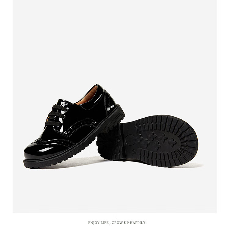 Snoffy Children's Shoes, Spring Boys' Black Leather Shoes, School Student Shoes, Comfortable Kids' Comfortable Performance Shoes, Single Shoes, Black, Size 34 9