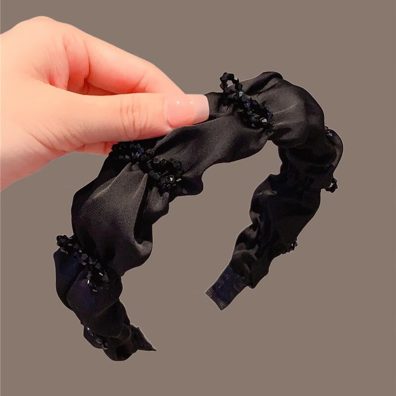 Gunai Elegant Black Wide-Brimmed Pleated Crystal Headband for Women, High Crown Elegant Niche Hair Clip Accessory