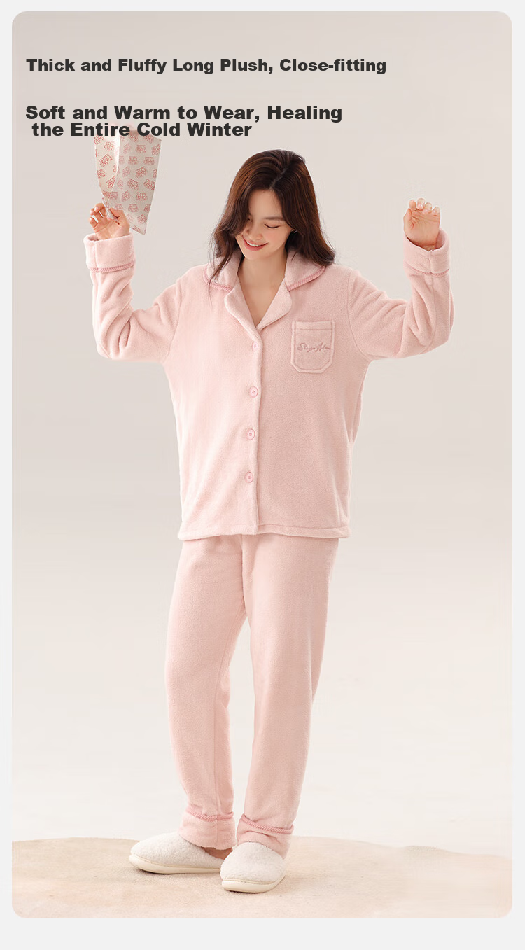 Dushiliren Women's Winter Pajamas, Fleece-Lined Thick Coral Fleece Cardigan Set with Pockets, Autumn And Winter Loungewear 12