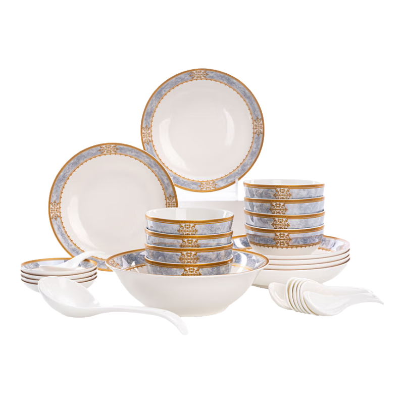 JD Original Complete Set of Bowls And Plates Tableware for Housewarming Gift Ceramic Dinnerware Set "Prosperity And Longevity" 38-Piece Set