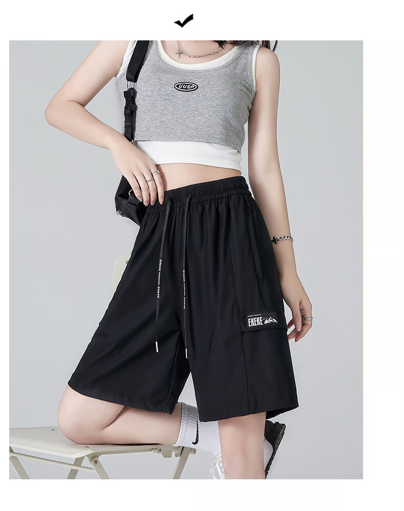 XUEXIMAN Women's Sports Shorts, Summer Lightweight Loose Straight-Leg Cargo Shorts, High-Waist Quick-Dry Wide-Leg Black Mid-Length Shorts 19