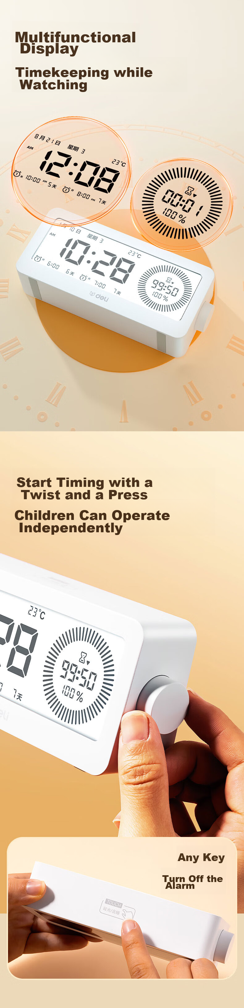 Deli Visual Smart Alarm Clock Timer, Student-Specific Wake-Up Device with Backlight Bedside Clock And Thermometer, Essential for Back-To And Graduation Seasons, LE107 White Gift 5