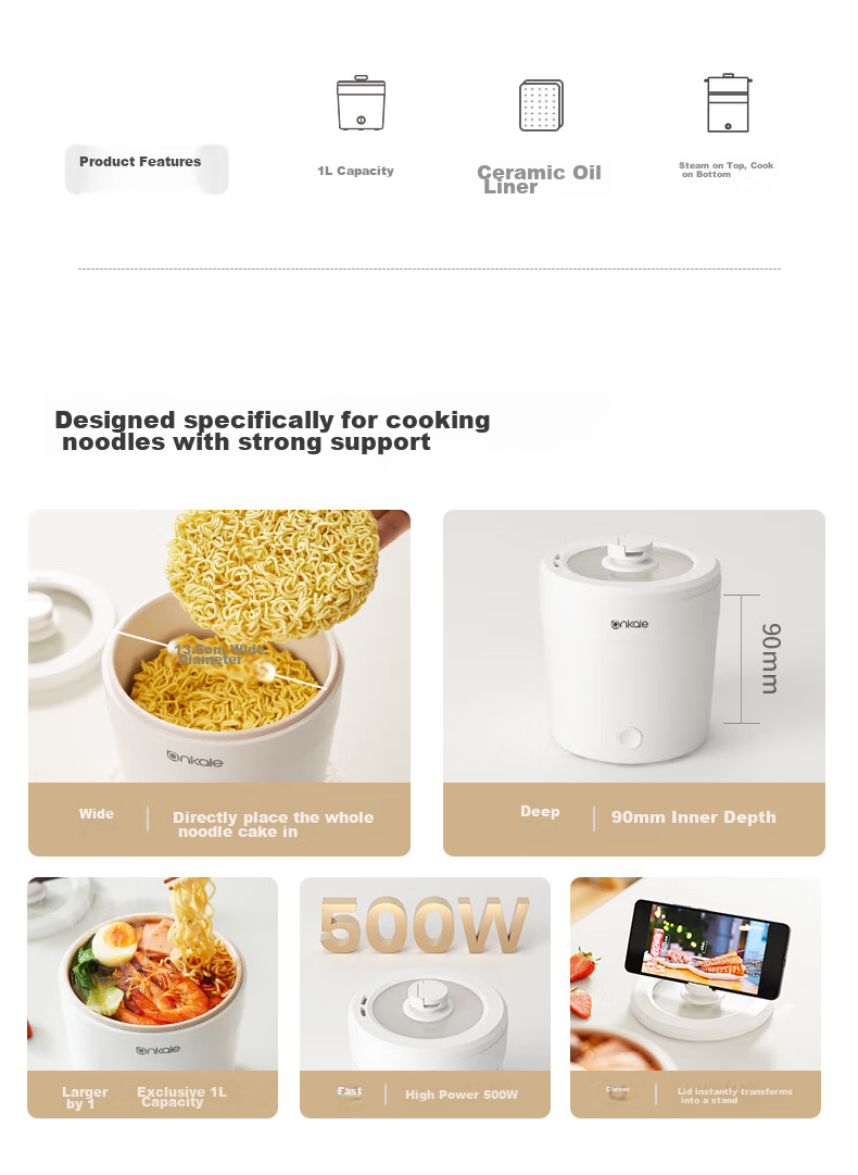 Ankale Multifunctional Pot Electric Cooking Pot 1L for Student Dormitory 1-2 People Mini Hot Pot Noodle Pot Non-Stick Anti-Boil Stir-Fry Steaming Frying Cooking Pot AJL-A101 with Steamer Basket 2