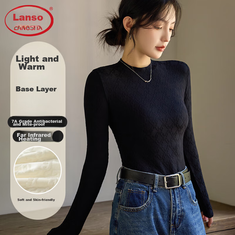 LangSha Base Layer T-Shirt for Spring And Summer, Thin Fit, Waist-Cinching, Women's Warm Black And White Slimming Round Neck Undershirt, Long-Sleeve Top