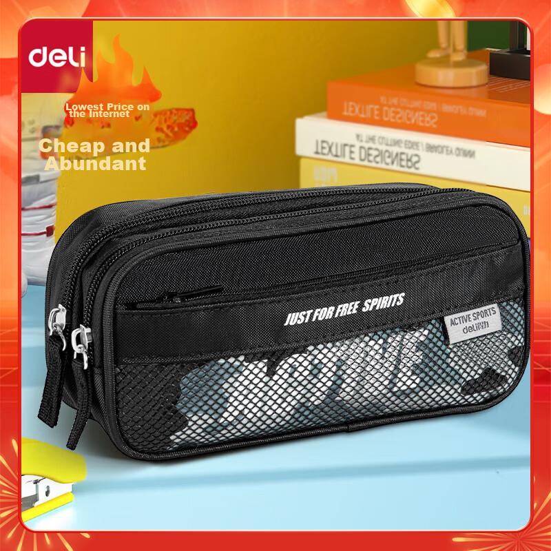 Deli Student Sports Pencil Case, Large Capacity Fashionable Kangaroo Pouch Stationery Box, Elementary School Student Stationery Storage Bag, 3074 Black Back-To Supplies