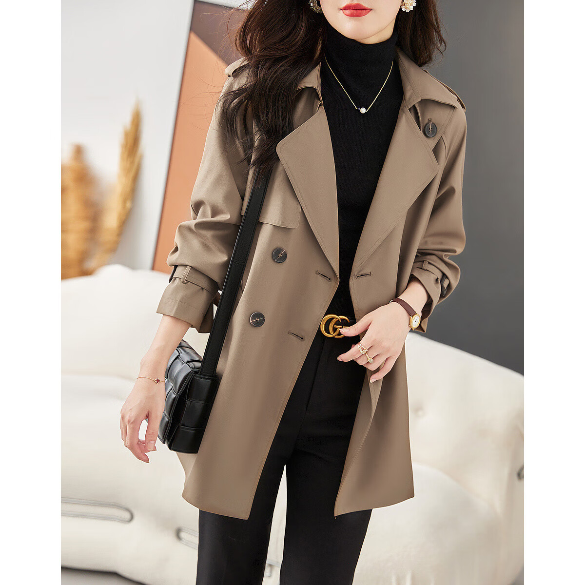 Dme Double-Breasted Trench Coat, Spring And Autumn Suit Collar H-Type Double-Breasted Long-Sleeve Trench Coat for Women, Mid-Length Style, Deep Khaki, S