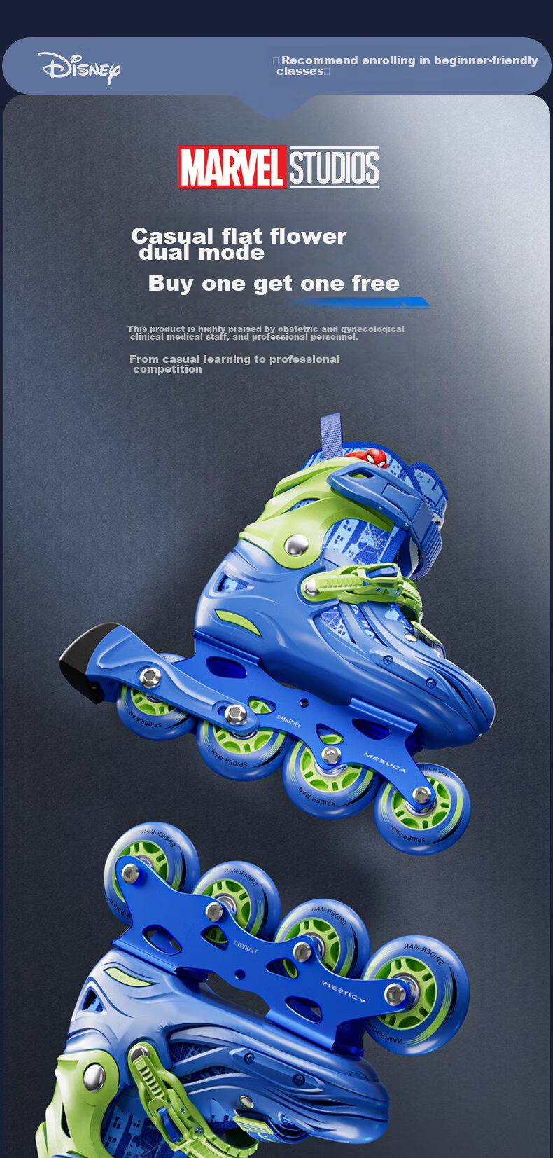 Disney Roller Skates for Children, Professional Girls' And Boys' Beginner Inline Skates, Ice Skating Shoes, Dry Ice Straight-Wheel Roller Skates, Spider-Man Set M 14