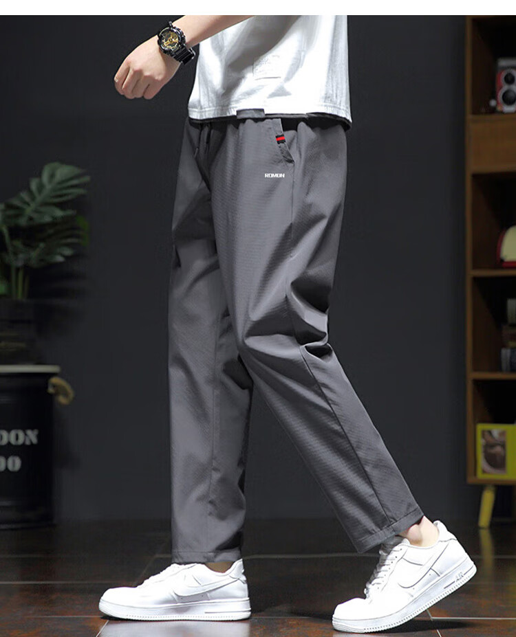 ROMON Men's Casual Pants Spring Summer Sports Breathable Comfortable Ice Silk Straight Leg Elastic Quick-Dry Pants Black M 12