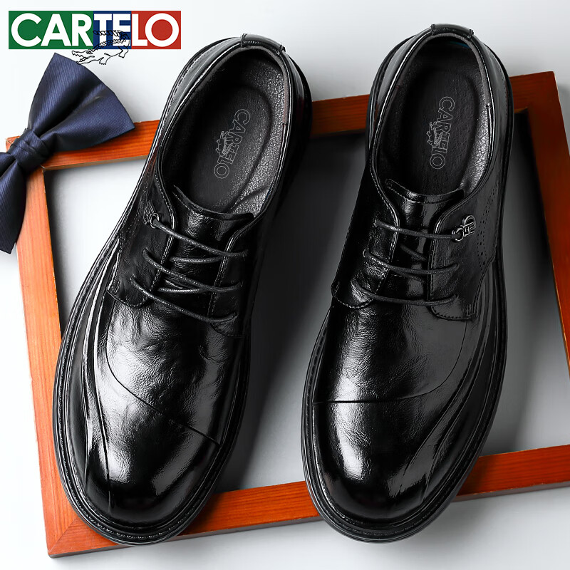 CARTELO British Men's Leather Shoes, Thick-Soled Heightening Business Casual Shoes, Round Toe Soft Cowhide Shoes for Men, 9923 Black Heightening, Size 39