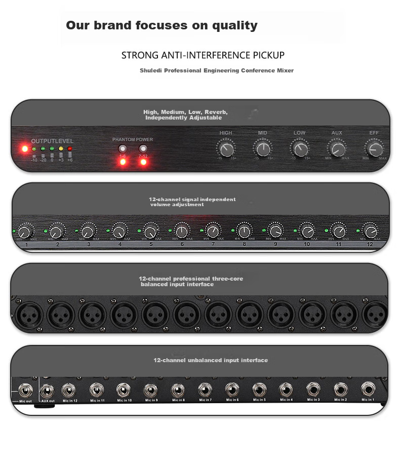 Shuledi AV-2306 Domestic Wired Microphone Mixer, Conference Microphone Expander, 48V Power Supply, Professional Audio Equipment (12 Channels) 19