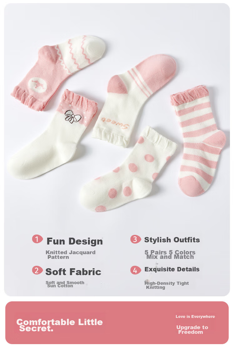 MiiOW Children's Socks, Summer Girls Breathable Cute Lace Mesh Socks, Big Kids Student Cartoon Mid-Calf Socks, 5 Pairs Pack 4