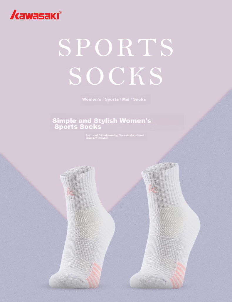 Kawasaki Professional Badminton Socks, Basketball Running Sports Socks, Breathable, Supportive, Shock-Absorbing, Thickened Terry Bottom, Women's Mid-Length Socks, KW-Q247, White (Three Pairs), One Size Fits All 1