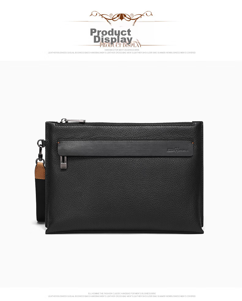 ELLE HOMME Business Men's Clutch, Soft Top-Grain Leather Envelope Bag, Large Capacity Multi-Compartment Handbag EB084800101 Black, Birthday Gift for Boyfriend 5