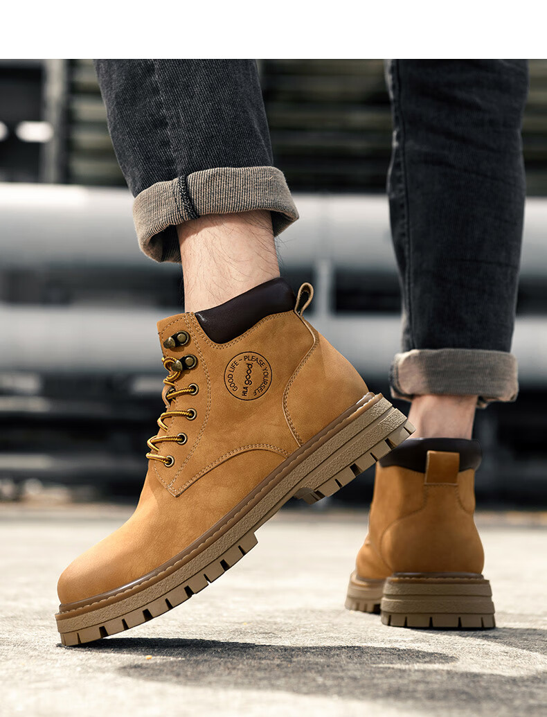 HLA Men's Vintage Martin Boots Outdoor Cotton Work Yellow Boots T121 Khaki (Fleece Lined) Size 42 7