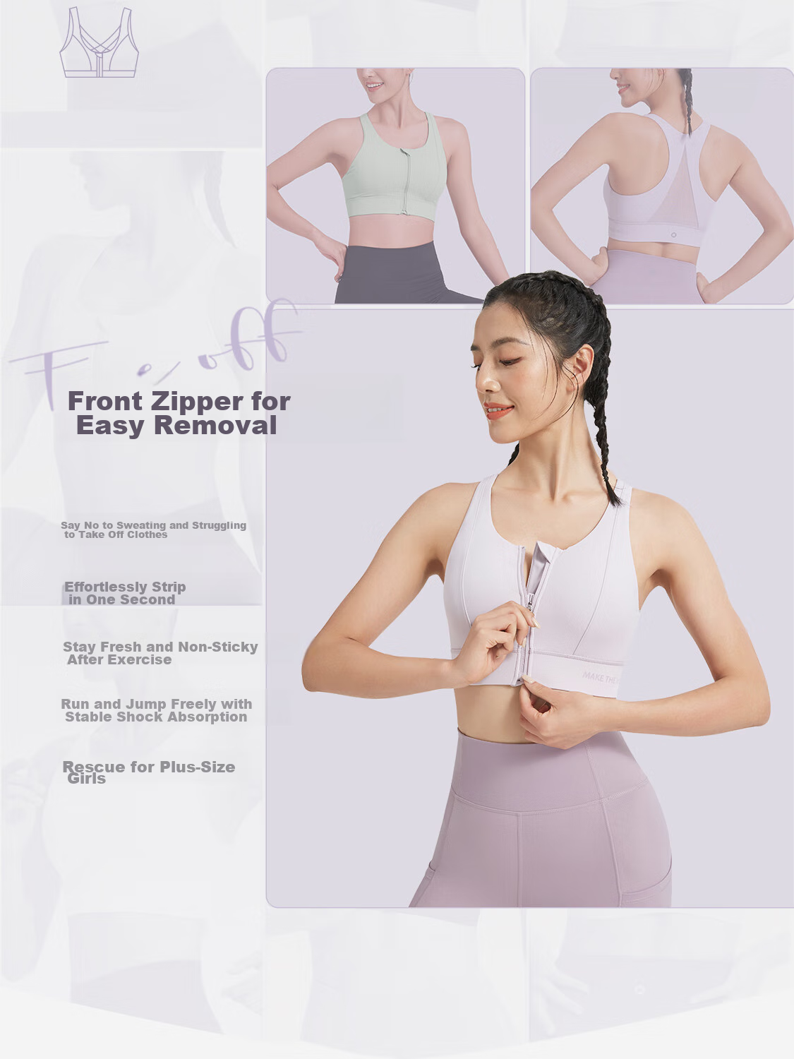 Keep Front Zipper Easy-To Sports Bra for Women, High-Intensity Shock-Absorbing Vest-Style Bra 12405 Oxygen Purple L 3