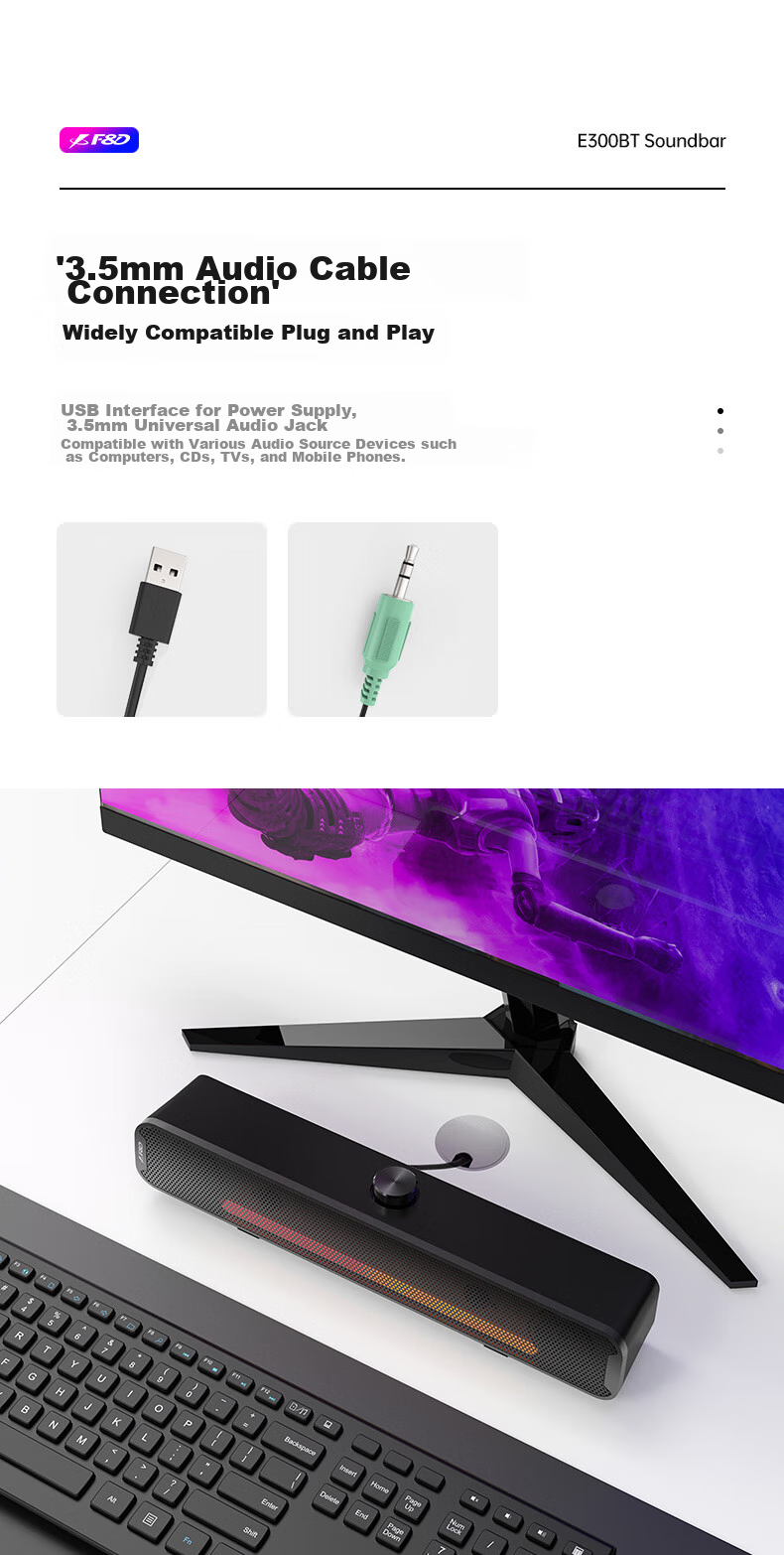 F&D E300BT Desktop PS5 Gaming Speakers, Bluetooth/Wired Dual-Use, Stereo Sound, RGB Colorful Lighting, Desktop And Laptop Long Bar Speaker 10