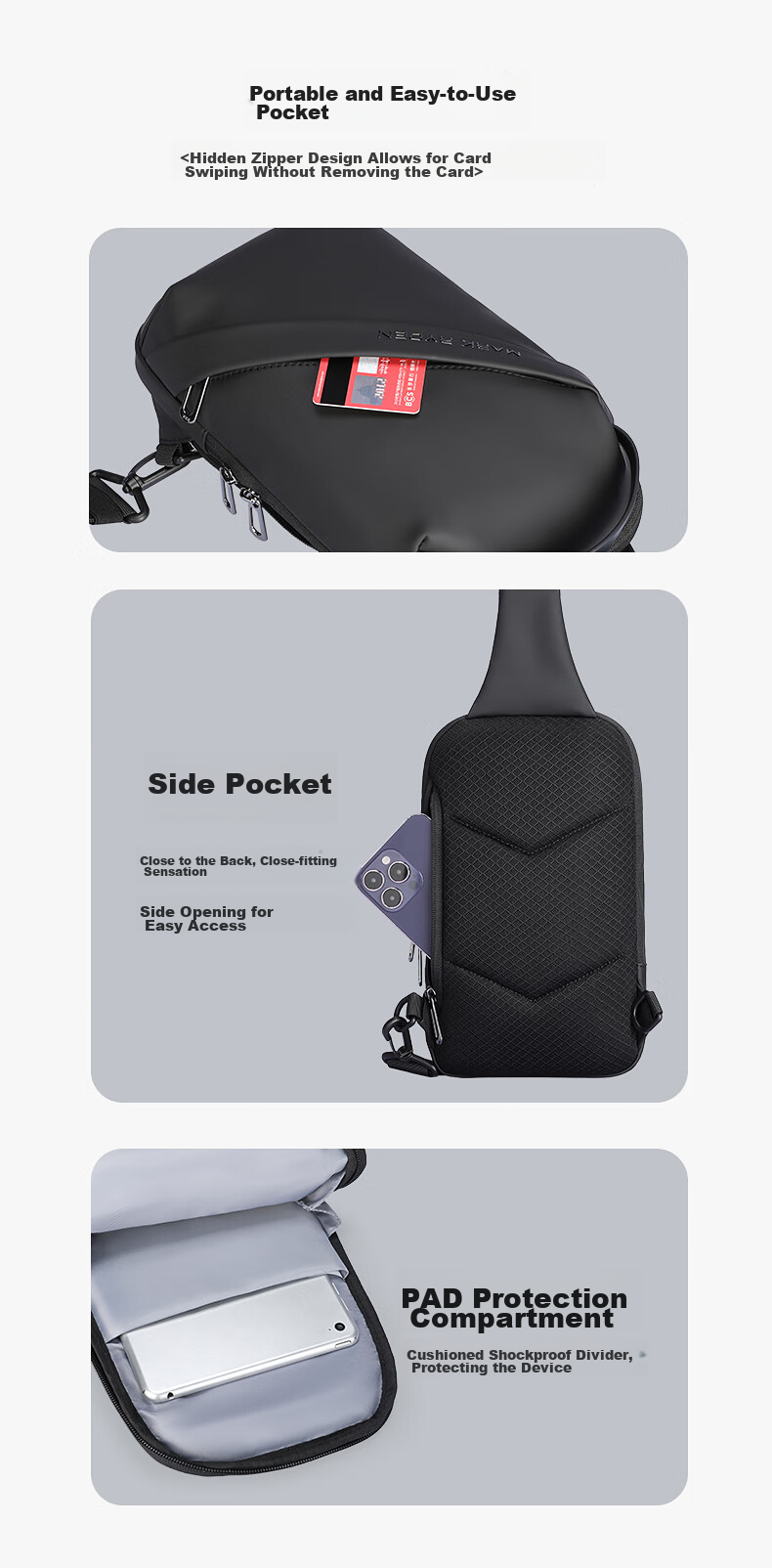MARK RYDEN Chest Bag, Men's Shoulder Bag, Fashionable Cycling Crossbody Bag, Multifunctional Sports IPad Bag, MR8518 Elegant Black 7