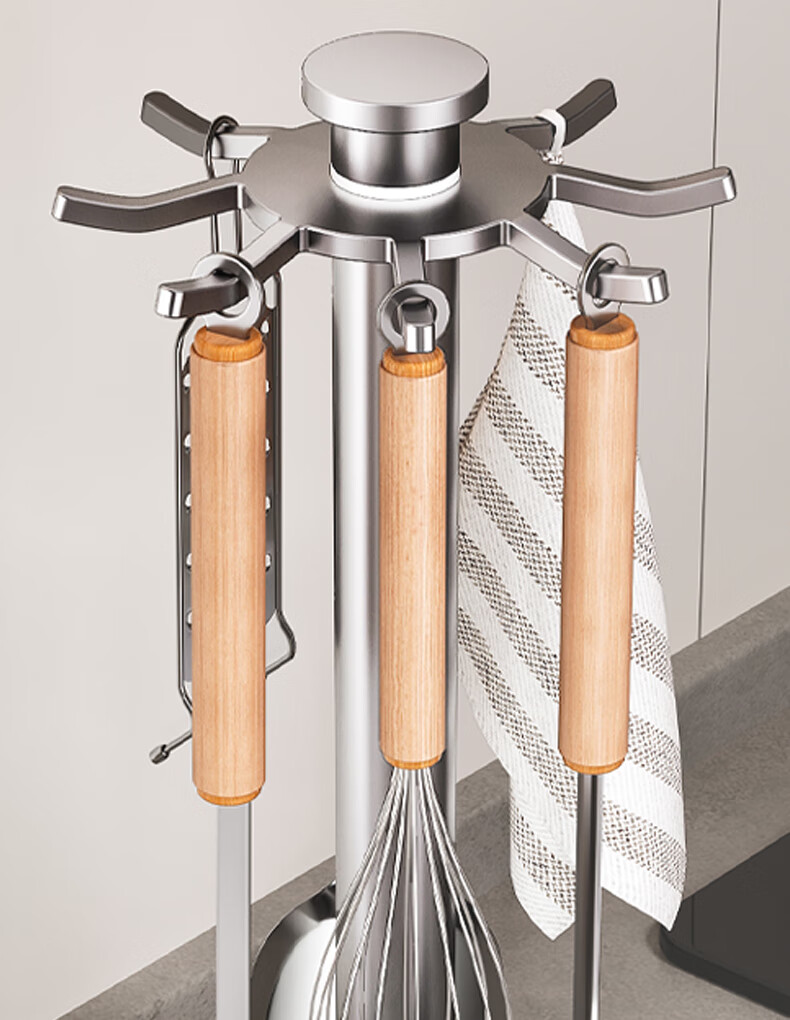 Meichu Kitchen Multifunctional Rotating Storage Rack with Pot and Spatula Hooks, Ladle Holder Organizer 15