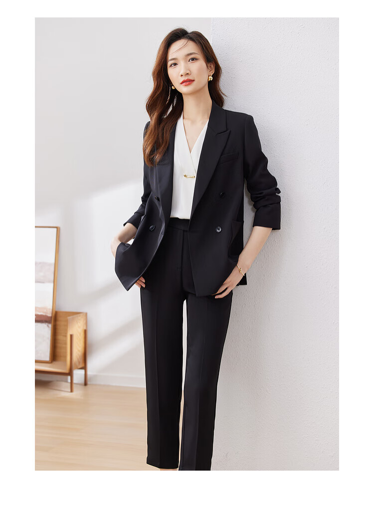 Sentubila Formal Professional Suit Set for Women, Spring And Autumn Elegant Blazer Jacket with Cropped Pants Two-Piece Set, Black, Size S 18