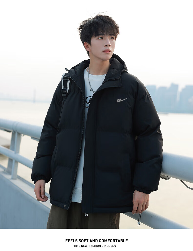 Warrior Cotton Padded Jacket for Men, Versatile Hooded Coat, Winter Warmth, Thickened Cotton Clothing, Casual Puffer Jacket, Black, Size M 10