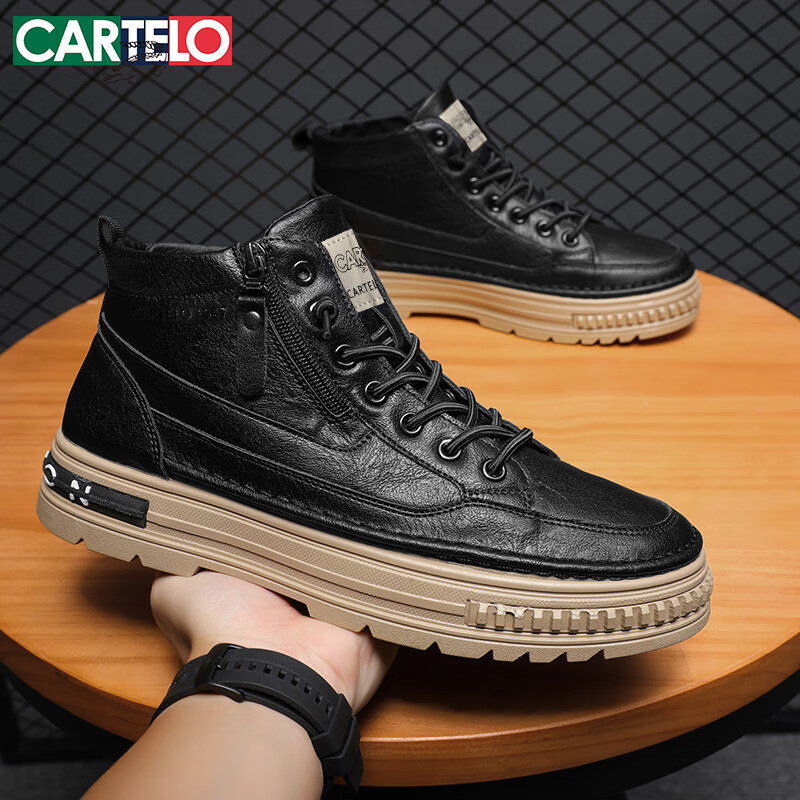CARTELO Men's Shoes, Spring 2026 Popular High-Top Casual Leather Shoes, Thick-Soled Work Boots for Men, Black, Size 43