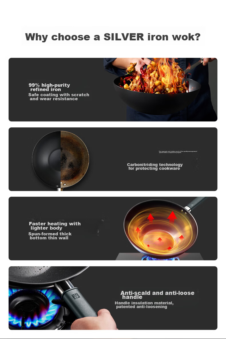 ZWILLING Iron Wok, Non-Coated, Suitable for Induction And Gas Stoves, Silver Iron Wok, 30cm 2