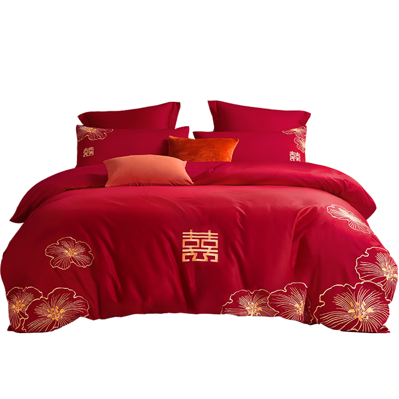 BEYOND Home Textiles Wedding Four-Piece Set, Pure Cotton, New Wedding Red, 60-Count Long-Staple Cotton, Embroidered Wedding Bedding Set, 1.5 Meters