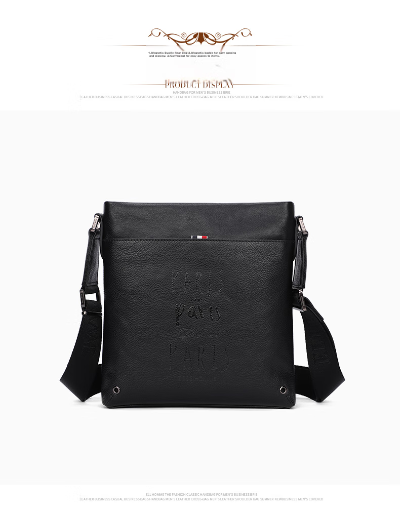 ELLE HOMME Business Men's Shoulder Bag, Top-Grain Leather Fashion Crossbody Bag, Large Capacity Vertical Men's Bag 01941 Black Birthday Gift for Boyfriend 8