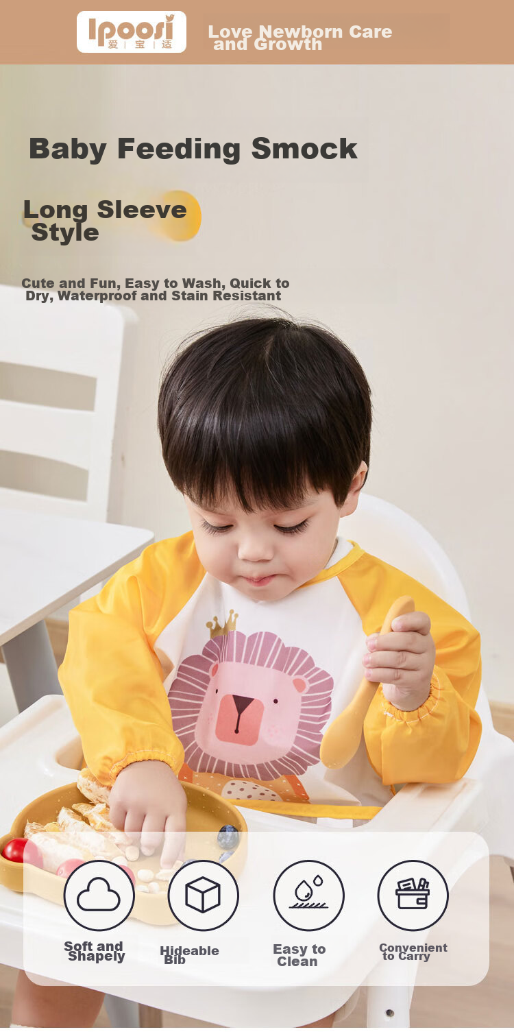 Aibaoshi Children's Apron, Spring And Autumn Long-Sleeve Style, Baby Eating Bib, Anti-Splash Clothing, Reverse Wear Drawing Apron, Yellow, S222 1