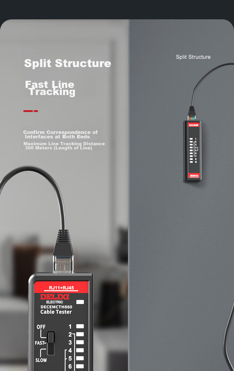 DELIXI ELECTRIC Cable Tester Network Cable Telephone Line Tester Multifunctional Household Cable Pairing Device Fast And Slow Dual Mode 6