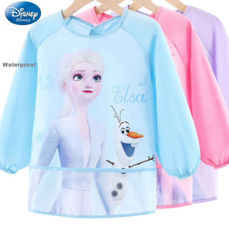 Disney Children's Smock, Girls' Waterproof Apron, Painting Smock, Baby Eating Bib, Food Bib, 7104 Ice Blue, Size S
